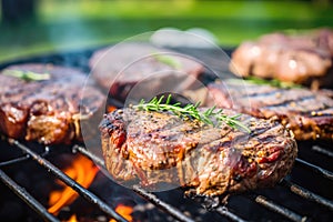 Grilled sirloin steak with rosemary on a flaming BBQ grill in summer nature