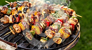 Grilled skewers of meat and vegetables on grill plate