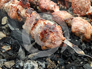 Grilled skewers with smoke and grease