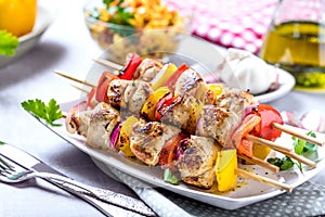 Grilled skewers of vegetables and meat on the Table.