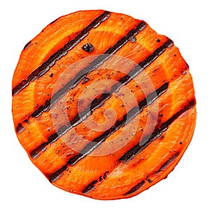 Grilled slice of fresh carrot isolated on a white or transparent background. Close-up of fried carrot, top view. Design
