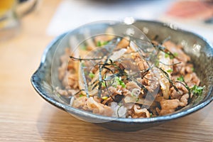 Grilled slice pork on rice bowl in Japanese style butadon