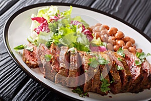 Grilled sliced carne asada beef steak with lettuce and beans close-up. horizontal