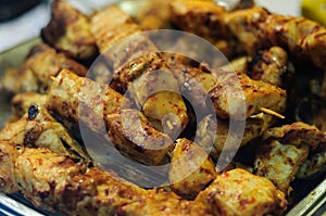 Grilled Small Pieces Of Meat On Wooden Skewers