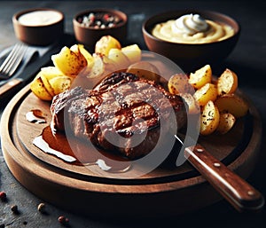 A grilled smoking sirloin steak perfect cook in wood dish, potatoes veggies, rustic table setting