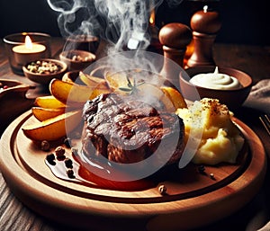 A grilled smoking sirloin steak perfect cook in wood dish, potatoes veggies, rustic table setting