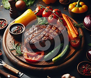 A grilled smoking sirloin steak perfect cook in wood dish, potatoes veggies, rustic table setting