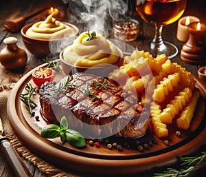 A grilled smoking sirloin steak perfect cook in wood dish, potatoes veggies, rustic table setting