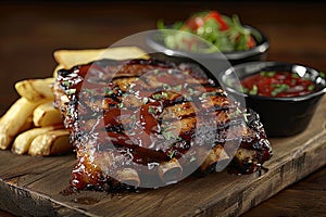 grilled spare ribs on a wooden plate