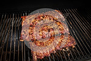 Grilled spareribs lying on the grillage of a smoker