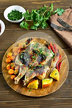 Grilled spatchcock chicken with vegetables