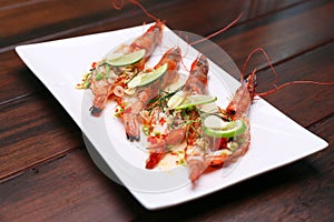 Grilled Spicy River Prawn with lime garlic and lemongrass, Selective focus