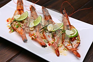 Grilled Spicy River Prawn with lime garlic and lemongrass on woo