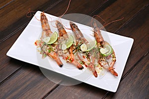 Grilled Spicy River Prawn with lime garlic and lemongrass on woo