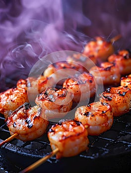 Grilled Spicy Shrimp Skewers with Smoke on a Charcoal Grill for Gourmet Seafood Cuisine