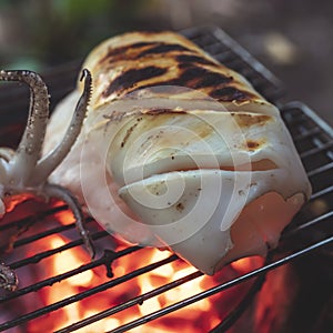 Grilled squid on a cast iron grill over a charcoal grill