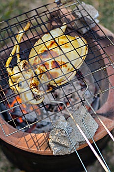 Grilled squid on a charcoal stove