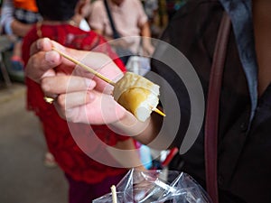 Grilled squid eggs,Wrapped in banana leaves,Taste is delicious,At market Bangkachao Bangkok Thailand