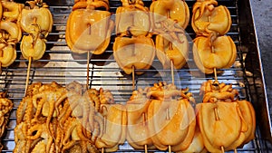 Grilled Squid Popular Street Food In Thailand BBQ Squid On A Stick Grilled Buttered Fresh Squid Many Of Grilled Squid In Thai Mark