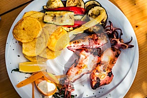 Grilled squid with potato chips, vegetables on a white plate