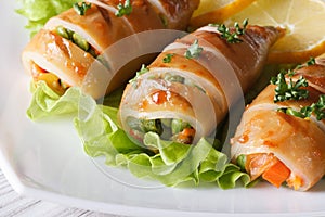 Grilled squid stuffed with vegetables on lettuce. Horizontal