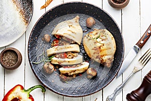 Grilled squid with vegetables, stuffed calamari