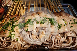 Grilled squids with green leeks as street food in Shanghai