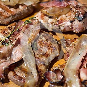 Grilled steak with bacon in detail