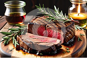 Grilled Steak with Charred Edges - Glistening with a Light Sheen of Herb-Infused Oil, Resting on a Rustic Plate photo