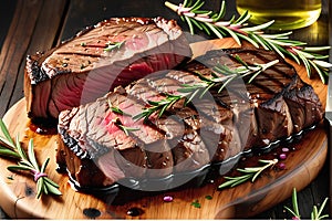 Grilled Steak with Charred Edges - Glistening with a Light Sheen of Herb-Infused Oil, Resting on a Rustic Plate photo