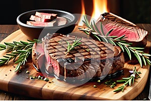 Grilled Steak with Charred Edges - Glistening with a Light Sheen of Herb-Infused Oil, Resting on a Rustic Plate photo