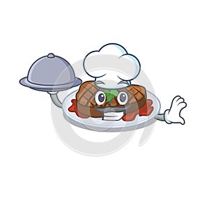 Grilled steak chef cartoon character serving food on tray