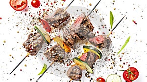 Grilled steak cubes on white background.