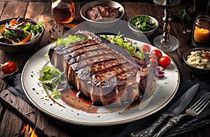Grilled steak in entourage on a wooden board, AI generated