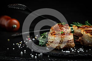 Grilled steak filet mignon wrapped bacon dark concrete background. banner, menu recipe place for text