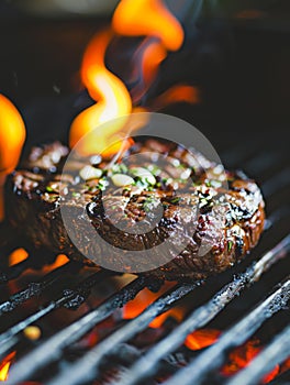 Grilled Steak on Flaming Barbecue Grill