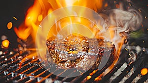 Grilled Steak on Flaming Barbecue Grill