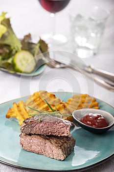 Steak with potato lattices