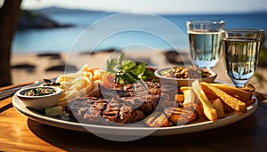 Grilled steak, fries, salad a gourmet outdoor picnic feast generated by AI