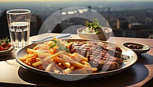 Grilled steak, fries, and salad on gourmet plate, outdoor barbecue generated by AI