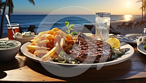 Grilled steak, fries, and salad on outdoor gourmet table generated by AI