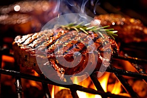 Grilled Steak with herbs cooking over flaming grill