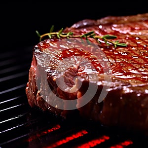 Grilled Steak with herbs cooking over flaming grill