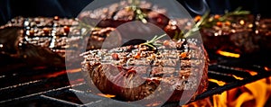 Grilled Steak with herbs cooking over flaming grill