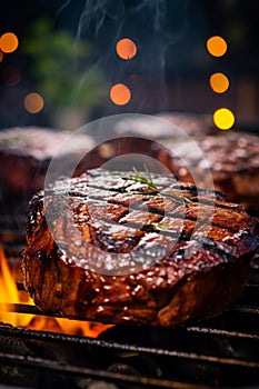 Grilled Steak with herbs cooking over flaming grill