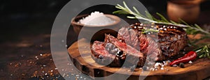 Grilled Steak with Herbs and Spices. A juicy meat seasoned with herbs and spices on a wooden board with salt and a red
