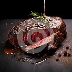 Grilled steak is the main course. It is a thick piece of beef grilled until desired doneness.