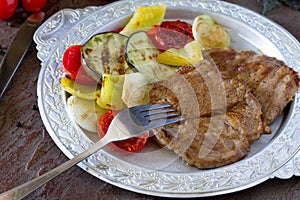 Grilled steak meat pork and grilled vegetables