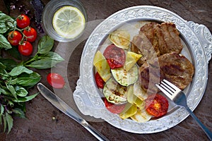 Grilled steak meat pork and grilled vegetables