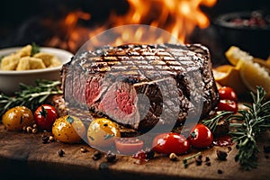 Grilled steak, meat and vegetables on blurred dark background.